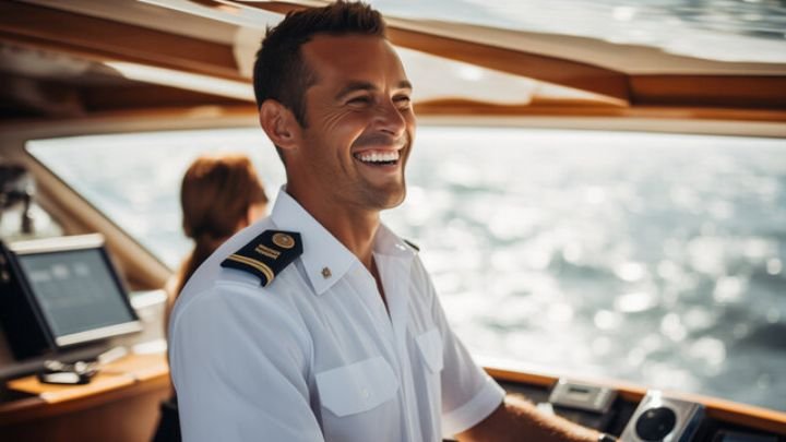 The Secret Waves captain at the helm during a charter