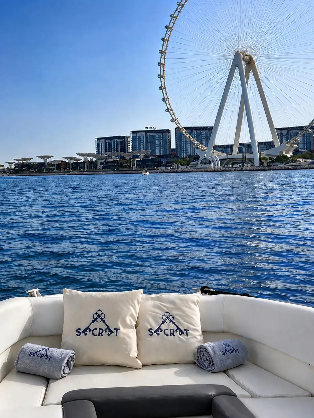 The Ain Dubai observation wheel seen from the deck of a Secret Waves yacht