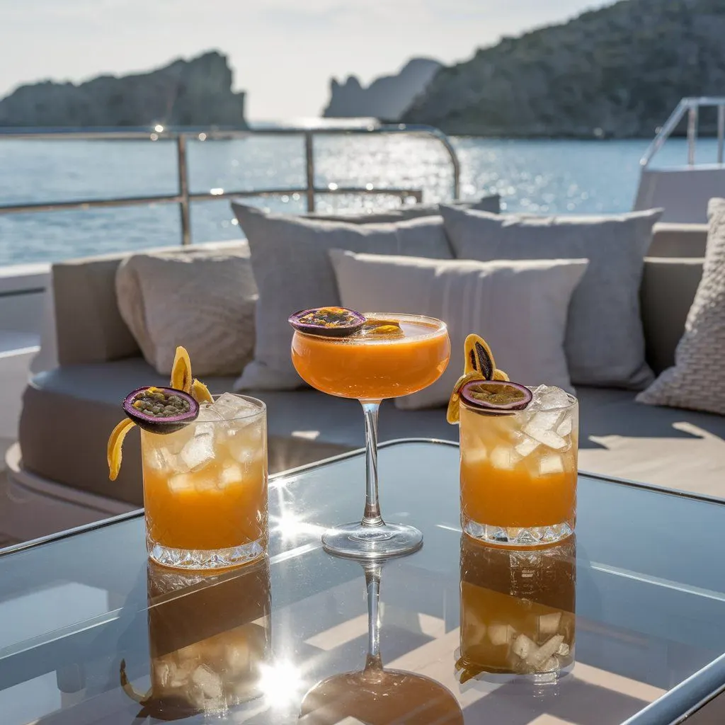 Three cocktails served on the aft deck of a yacht