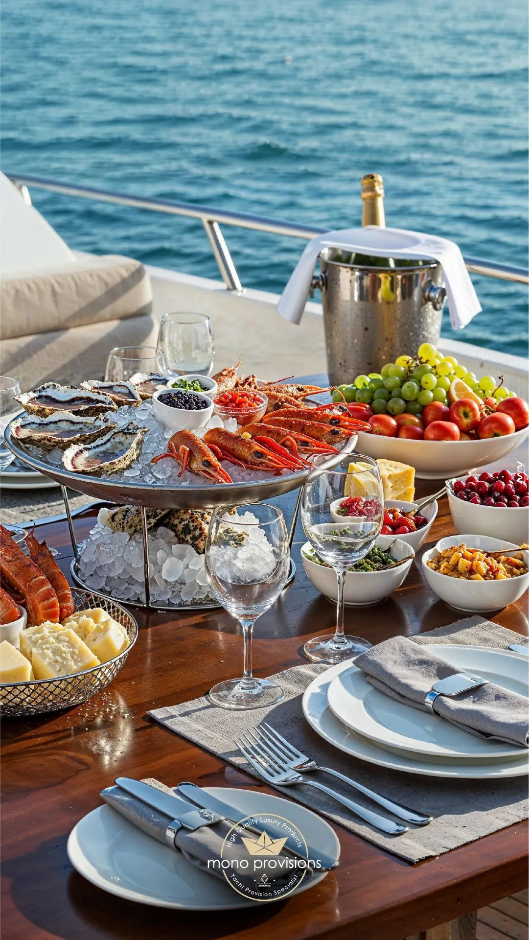 Tiered seafood and fruit platter served on the deck table