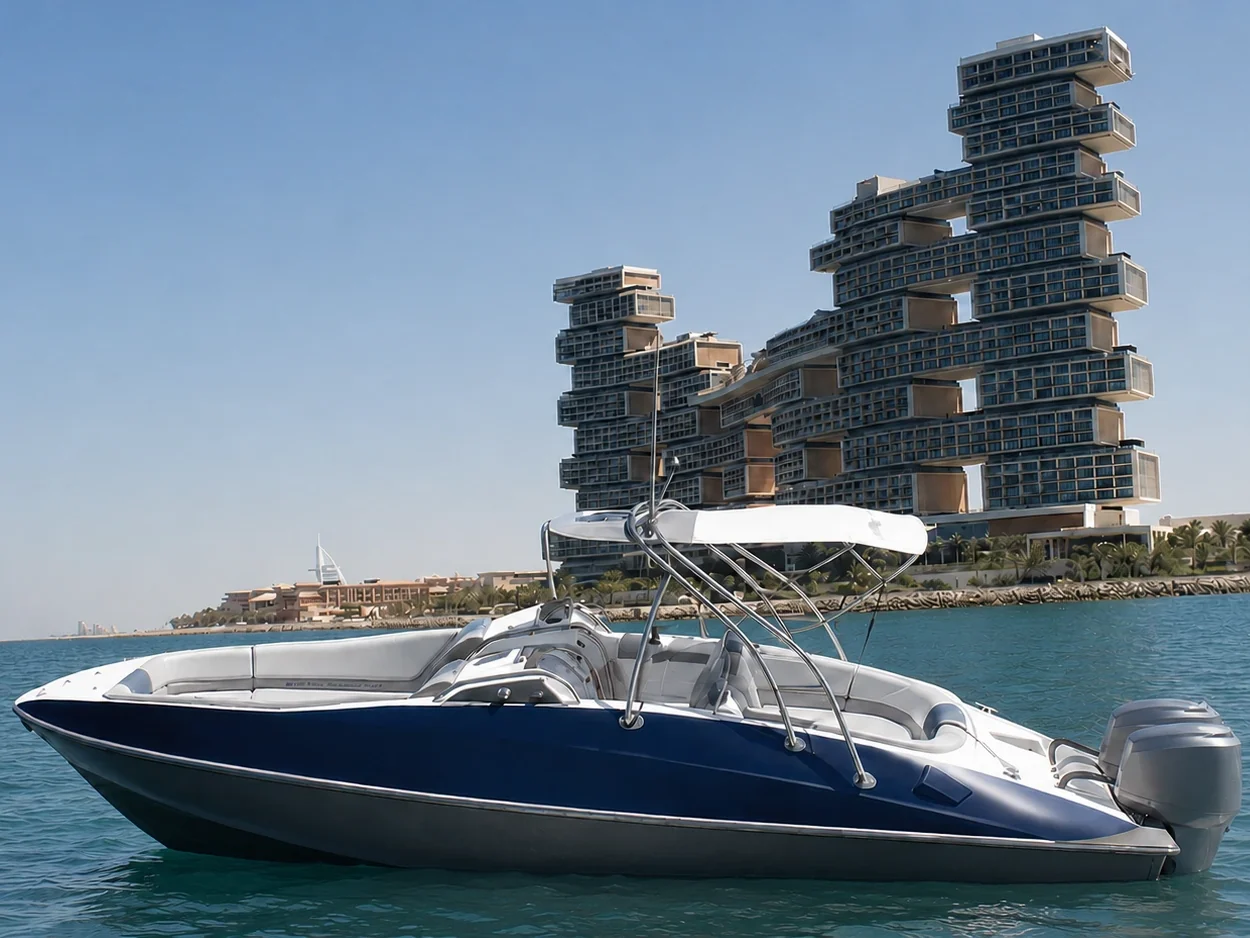 VOLATA 27 ft day boat bow moored off Bluewaters Island, Dubai