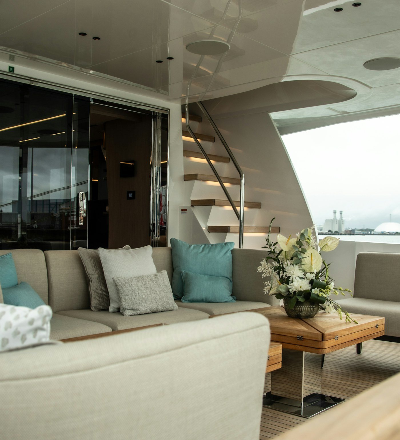 Air conditioned salon interior of a luxury yacht charter in Dubai