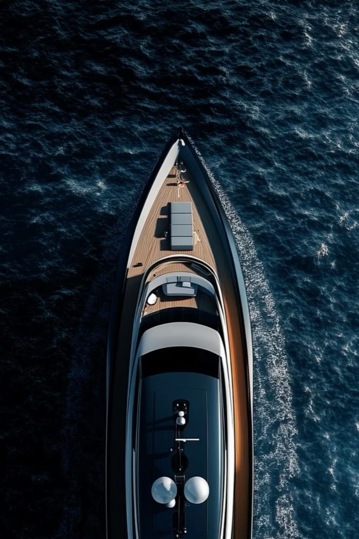 Yacht seen from directly above, cutting through deep blue water off Dubai