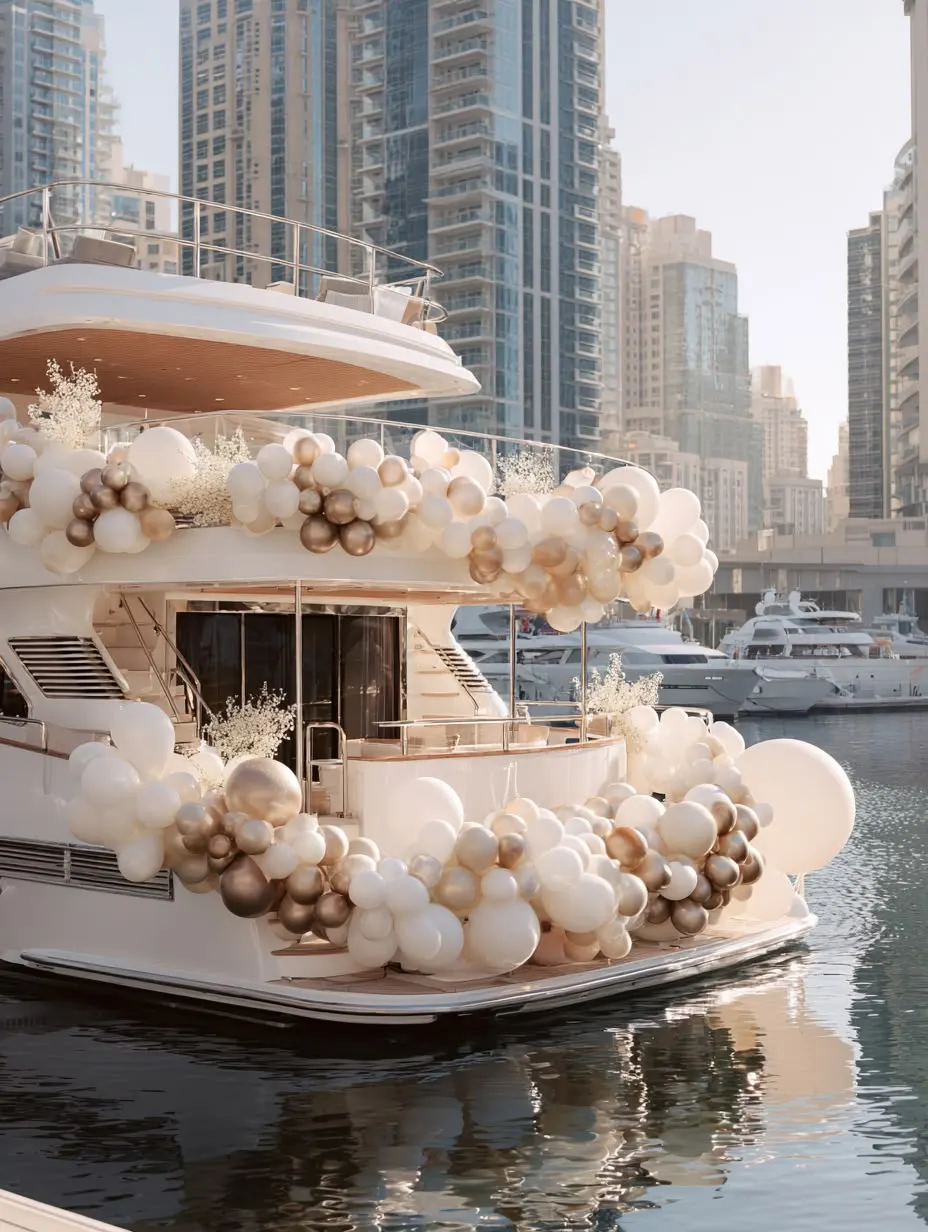 Yacht decorated with a balloon arch, moored in Dubai Marina