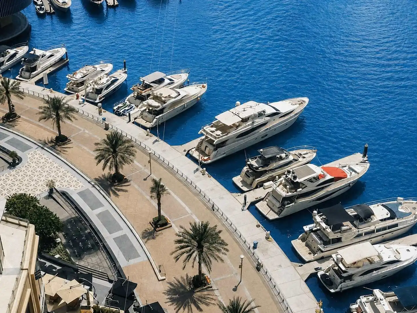 Yachts moored along Dubai Marina, seen from above