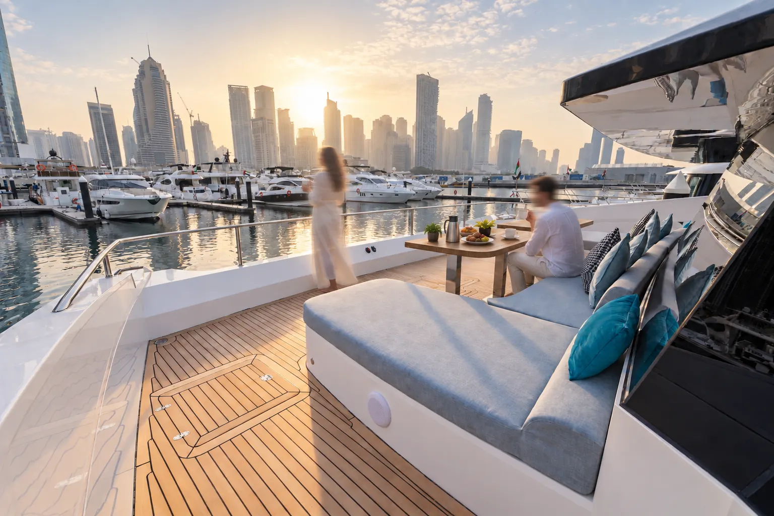 Breakfast for two on the bow lounge of a Secret Waves yacht at eight in the morning, with the Dubai Marina skyline behind.