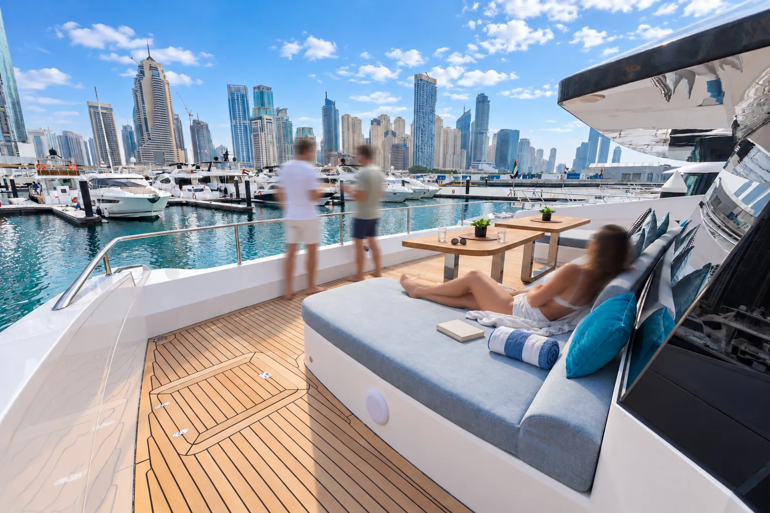 Guests relaxing on the bow sunpad of a Secret Waves yacht in the afternoon, Dubai Marina across the water.