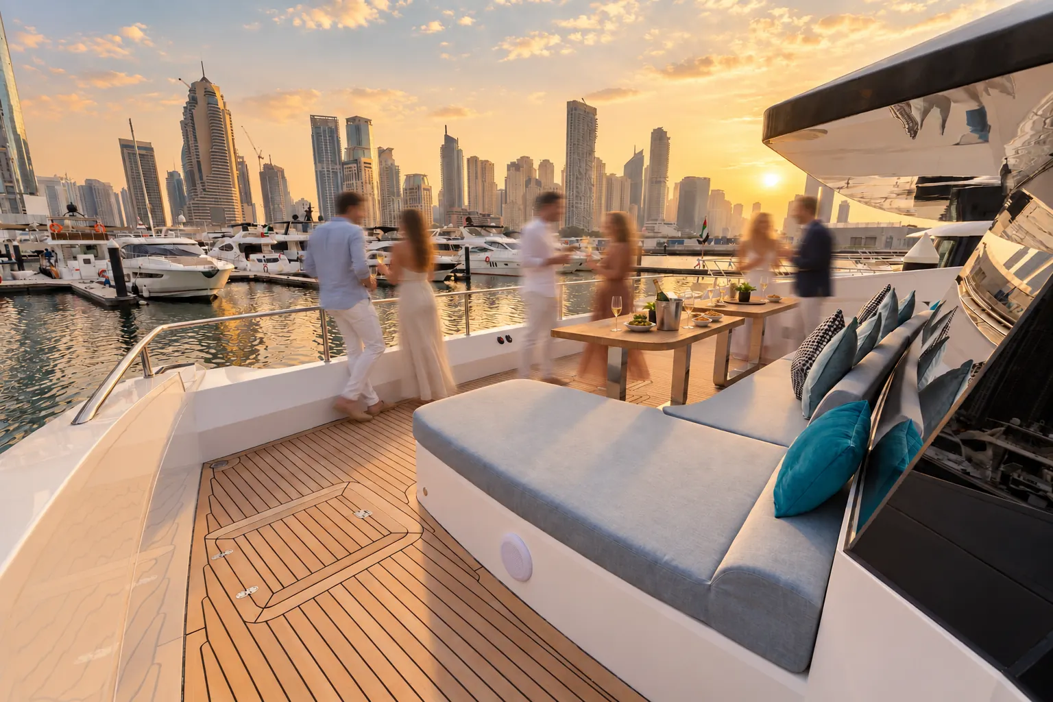 Friends with drinks on the bow lounge at golden hour, the Dubai Marina skyline turning gold.