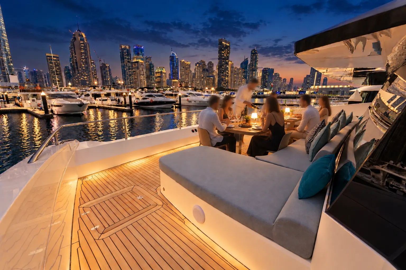 Dinner laid on the bow lounge at blue hour, warm deck lighting and the lit Dubai Marina skyline.