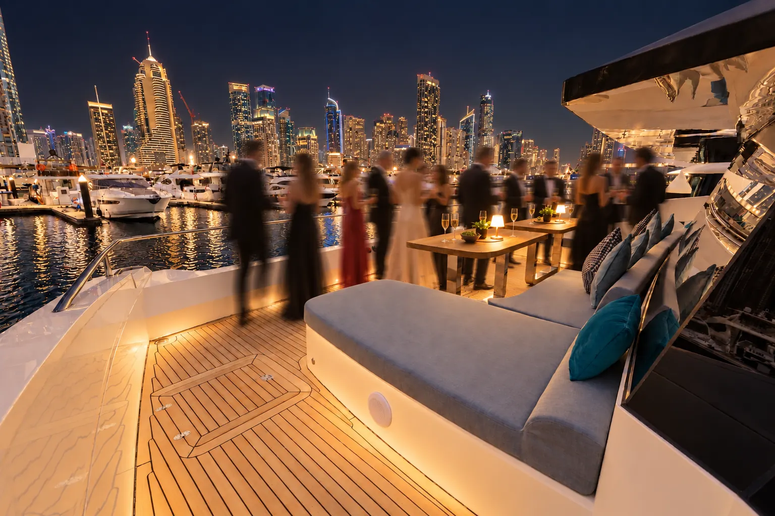A black-tie evening on the bow lounge after dark, with Dubai Marina fully lit.